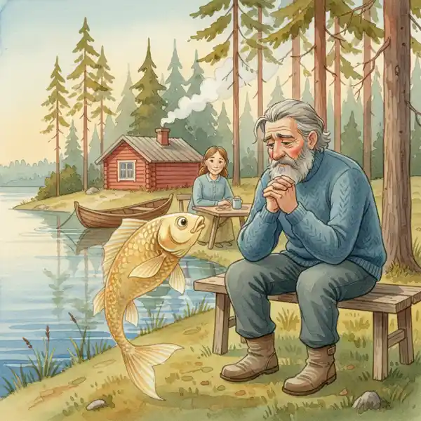 Kuvitus tarinasta: Kultakala ja kalastaja (kappale 13)