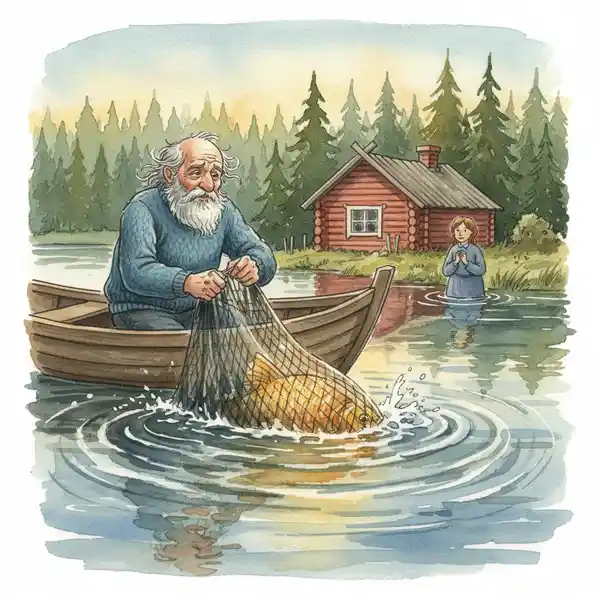 Kuvitus tarinasta: Kultakala ja kalastaja (kappale 5)