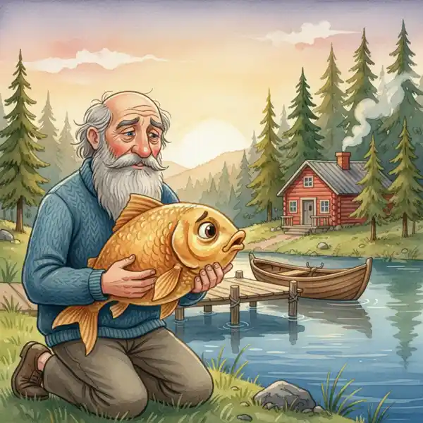 Kuvitus tarinasta: Kultakala ja kalastaja (kappale 9)